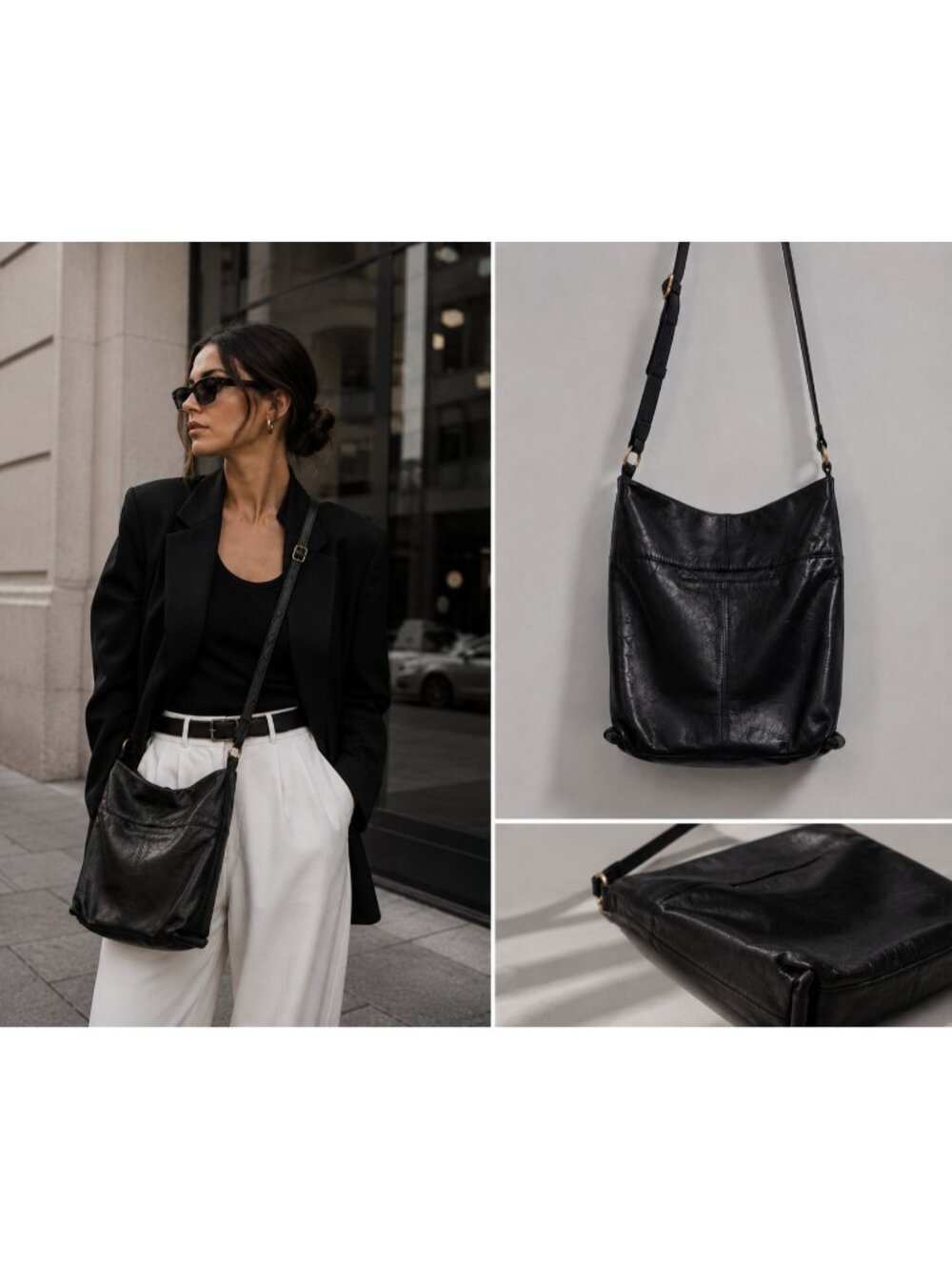 HOBO Black Leather Crossbody Bag Adjustable Strap Soft Leather Boho Minimalist - Picture 1 of 15